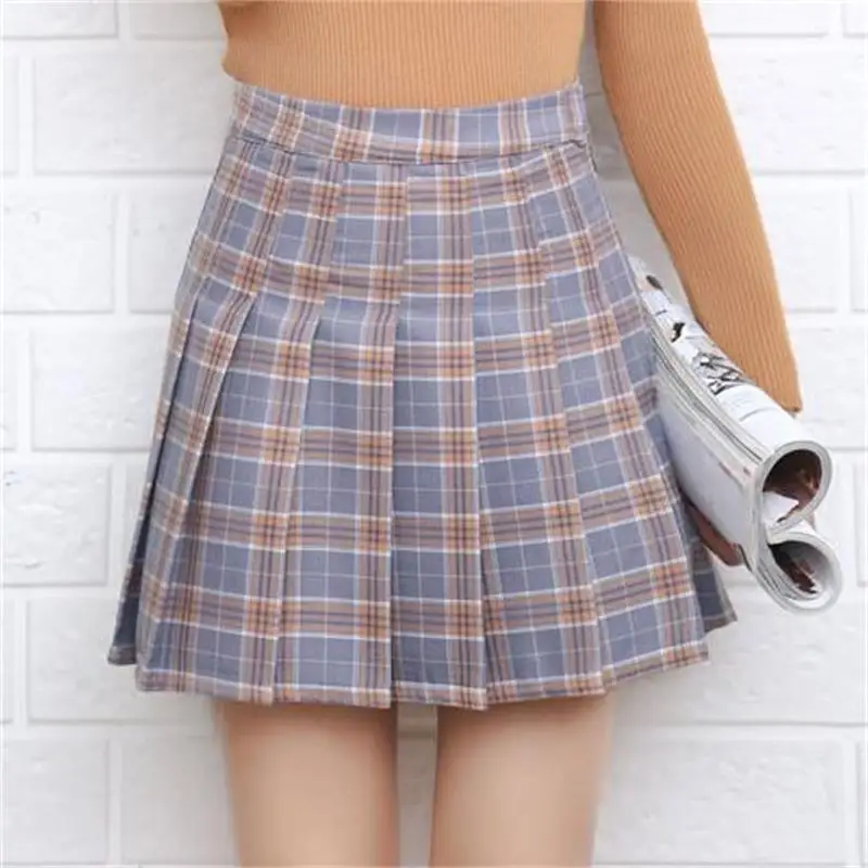 2018 Для женщин Harajuku Колледж ветер порошок Высокая Талия плиссированная клетчатая