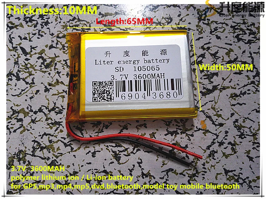 3.7V 3600mAh 105065 Lithium Polymer Li-Po li ion Rechargeable Battery cells For Mp3 MP4 MP5 GPS mobile bluetooth
3.7V 3600mAh 105065 Lithium Polymer Li-Po li ion Rechargeable Battery cells For Mp3 MP4 MP5 GPS mobile bluetooth