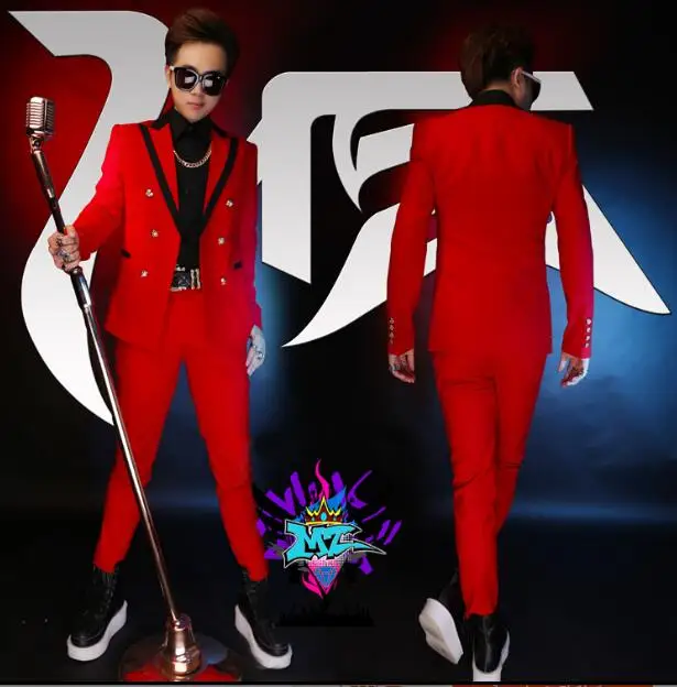 Fashion original male singer male DJ thin section sanding red and black double-breasted Slim suit costume
Fashion original male singer male DJ thin section sanding red and black double-breasted Slim suit costume