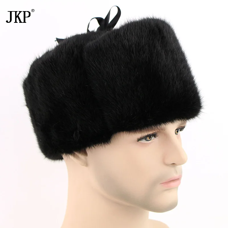 Men's Snow Hats Mink Fur Authentic Skullies Winter Russian Ushanka Solid Hat Whole Leather Outdoor Helmets ZD-05 | Аксессуары для