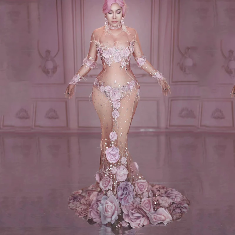 Women Singer Performance Costume Fashion Pink Flowers See Through Long Dress Design Mesh Stretch Party Stage DJ507 | Тематическая