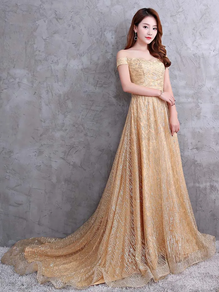 High-end Evening Dress 2019 New Fashion Sweep Train Off the Shoulder Elegant Golden Prom Dress Back Lace Up Evening Gowns
High-end Evening Dress 2019 New Fashion Sweep Train Off the Shoulder Elegant Golden Prom Dress Back Lace Up Evening Gowns