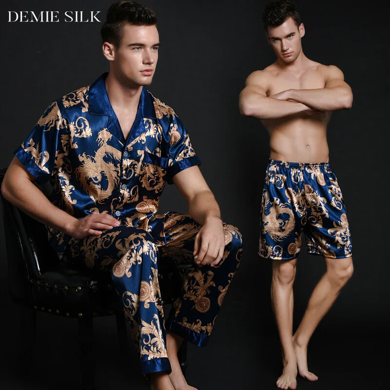Demiesilk Men's Pajama Sets Three Pieces Imitation Silk Sleepwear with Shorts and Long Pants Short Sleeve | Мужская одежда