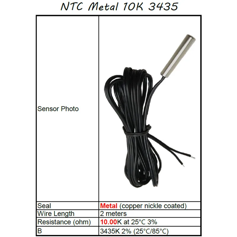 NTC temperature sensor, Metal sealed, 10.00K ohm at 25C, B=3435K (25C/85C), Wire length 2 meter, Lilytech
NTC temperature sensor, Metal sealed, 10.00K ohm at 25C, B=3435K (25C/85C), Wire length 2 meter, Lilytech