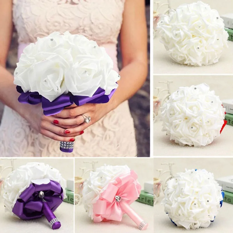 

Holding PE Flowers Artificial Rose Wedding Bouquet with Silk Satin Ribbon Champagne Bridesmaid Bridal Party Multi Color