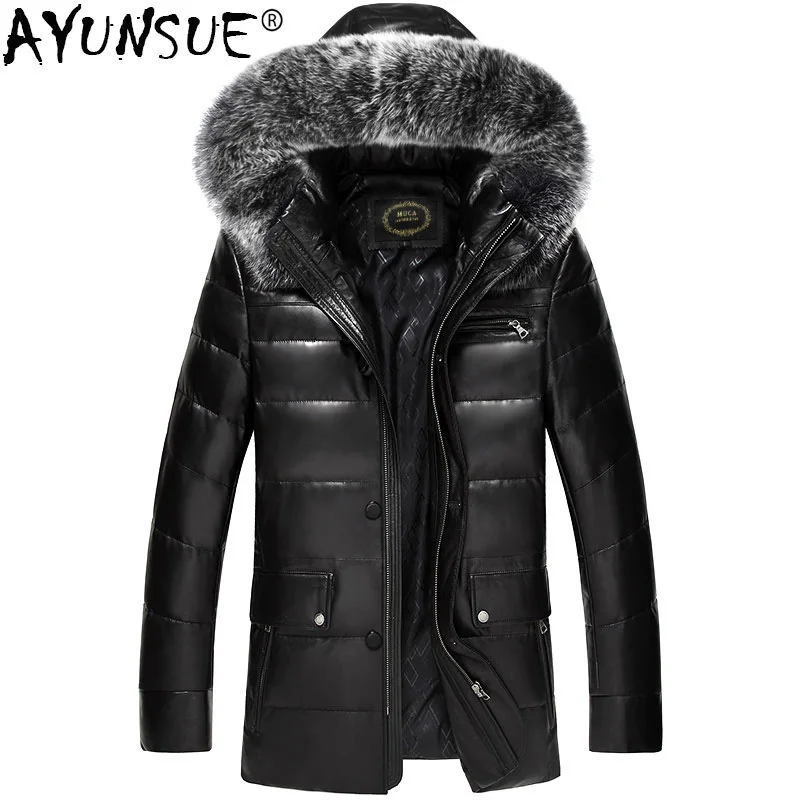 

Куртка AYUNSUE мужская из натуральной кожи, пуховик с большим меховым воротником, пальто из овчины, MC16C601 KJ1152, зимняя