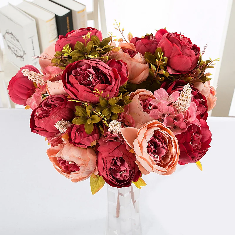 6 Head Artificial silk Rose Peony flower Bouquet European Fake Flowers Fall Vivid Peony Fake Leaf Wedding Home Party Decoration
6 Head Artificial silk Rose Peony flower Bouquet European Fake Flowers Fall Vivid Peony Fake Leaf Wedding Home Party Decoration