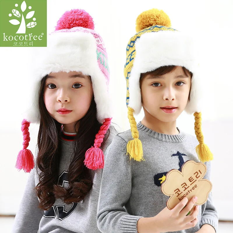 Kids Winter Warm Hat Ear Protection Cap Students Earflap Fur Hats Girls Beanie Ski Raccoon Hair Ball Caps B-8768 | Аксессуары для