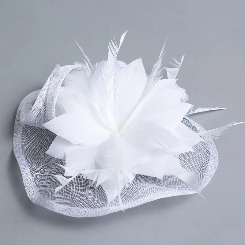 

Ladies Fancy Races White Wedding Hats and Fascinators Feather Hair Accessories Women Party Tocados Sombreros Bodas Sinamay Hats