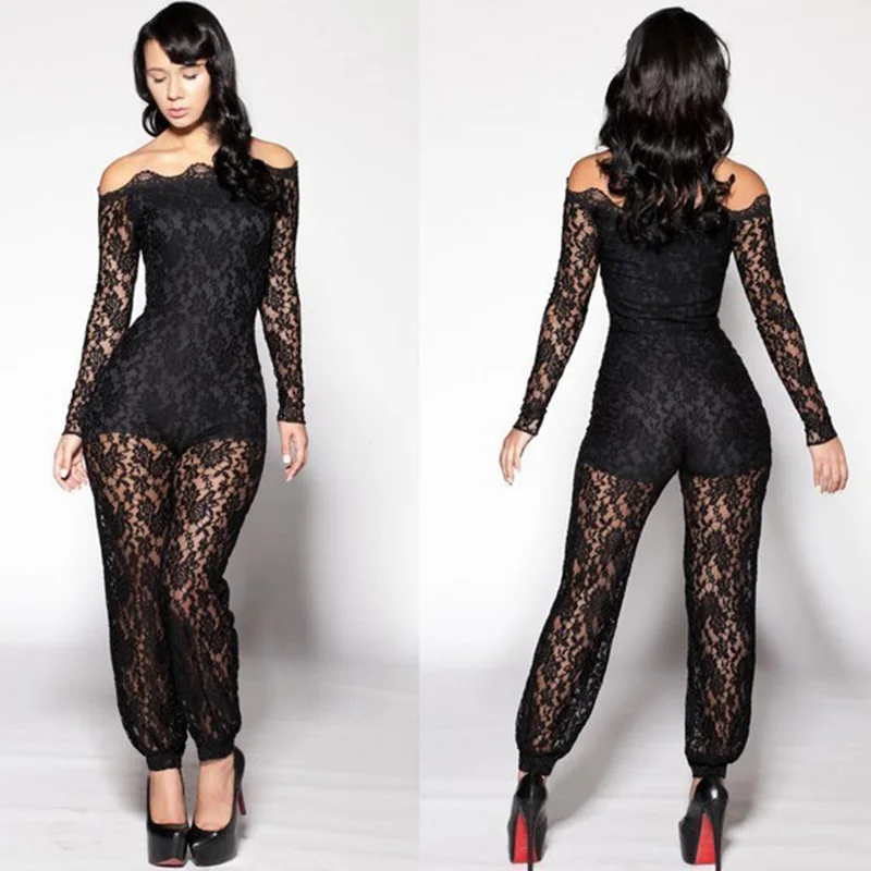 Sexy Black Off Shoulder See Through Lace Pants Romper Jumpsuit Long Pants Elegant Sexy Bodycon Female Jumpsuits Overalls
Sexy Black Off Shoulder See Through Lace Pants Romper Jumpsuit Long Pants Elegant Sexy Bodycon Female Jumpsuits Overalls