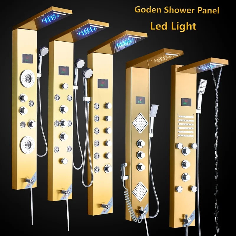 Bathroom Shower Panel Golden Brushed Waterfall Rainfall Shower Head Hot and Cold Mixer Tap Para Bathroom Shower
Bathroom Shower Panel Golden Brushed Waterfall Rainfall Shower Head Hot and Cold Mixer Tap Para Bathroom Shower