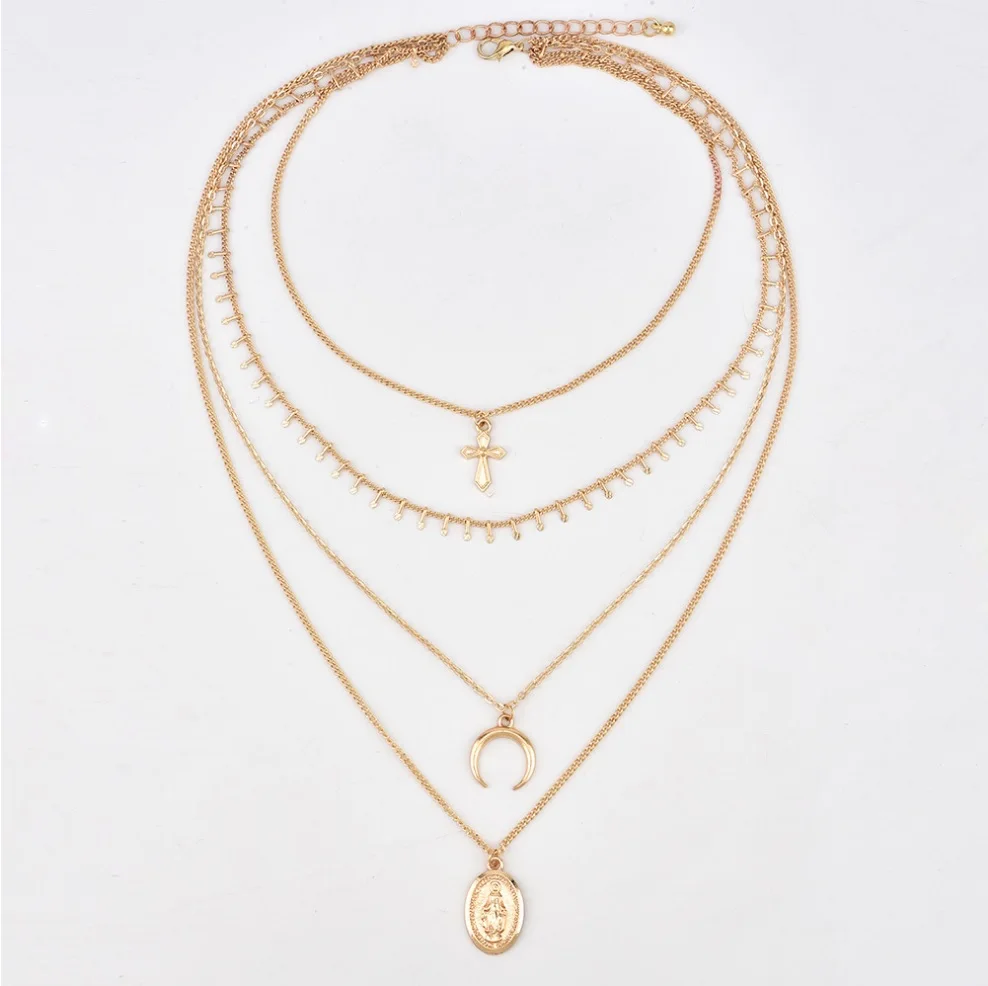 Four layers necklace Cross pendant Chain choker Oval-shaped Virgin Mary Madonna Pendant Gold color for Lady gift | Украшения и