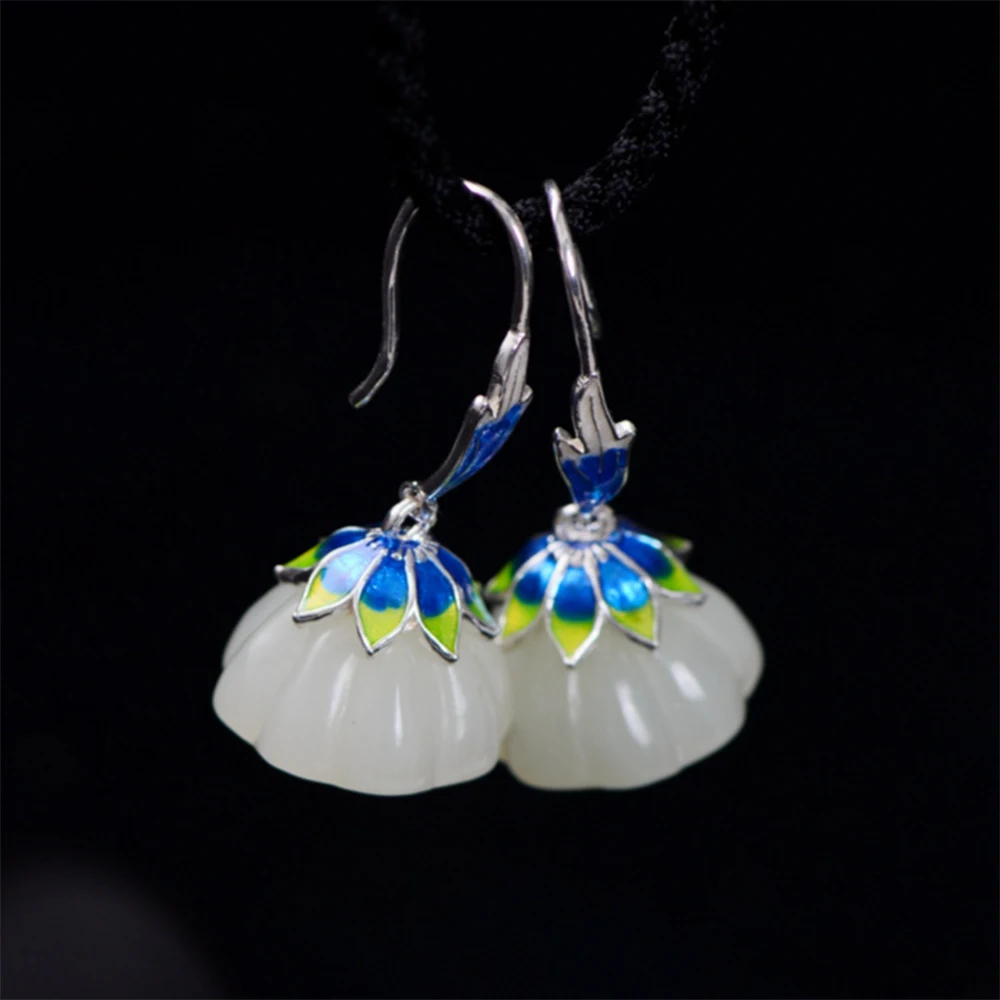 MetJakt Natural Pair Lotus Hetian Jade Drop Earrings with Vintage Enamel Solid 925 Sterling Silver Earring for Women's Jewelry
MetJakt Natural Pair Lotus Hetian Jade Drop Earrings with Vintage Enamel Solid 925 Sterling Silver Earring for Women's Jewelry