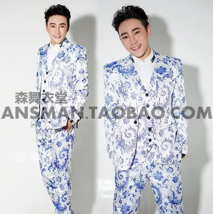 New Men clothing DJ Singer fashion slim Blue and white porcelain suit male plus size Suits performance costumes S-5XL
New Men clothing DJ Singer fashion slim Blue and white porcelain suit male plus size Suits performance costumes S-5XL