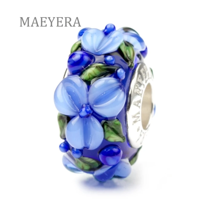 MAEYERA 100% 925 пробы серебряные бусины лампворк синие стерео лепестки из муранского