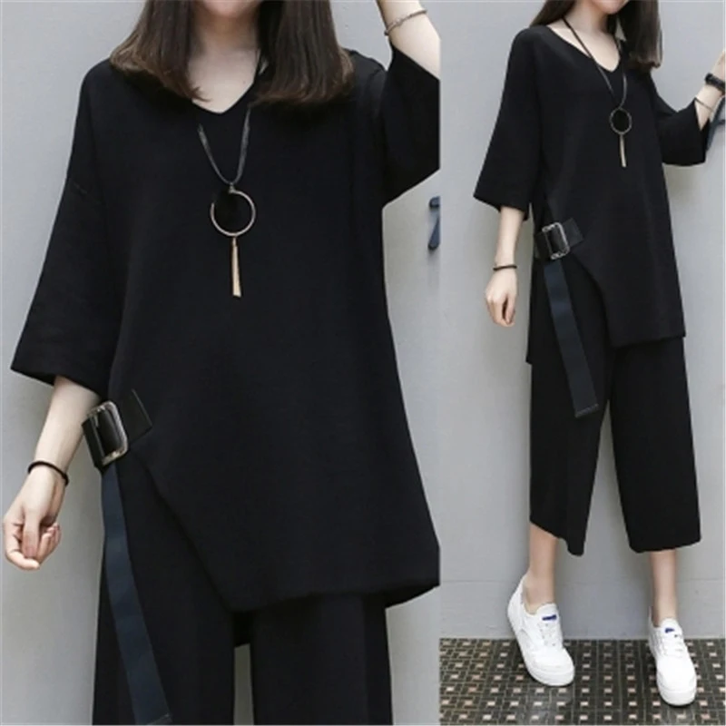 Casual Women's Suit Summer Hedging Five sleeves Tops+Cropped Pants Two Sets Women's New Korean Loose Plus size Black Sets A289
Casual Women's Suit Summer Hedging Five sleeves Tops+Cropped Pants Two Sets Women's New Korean Loose Plus size Black Sets A289