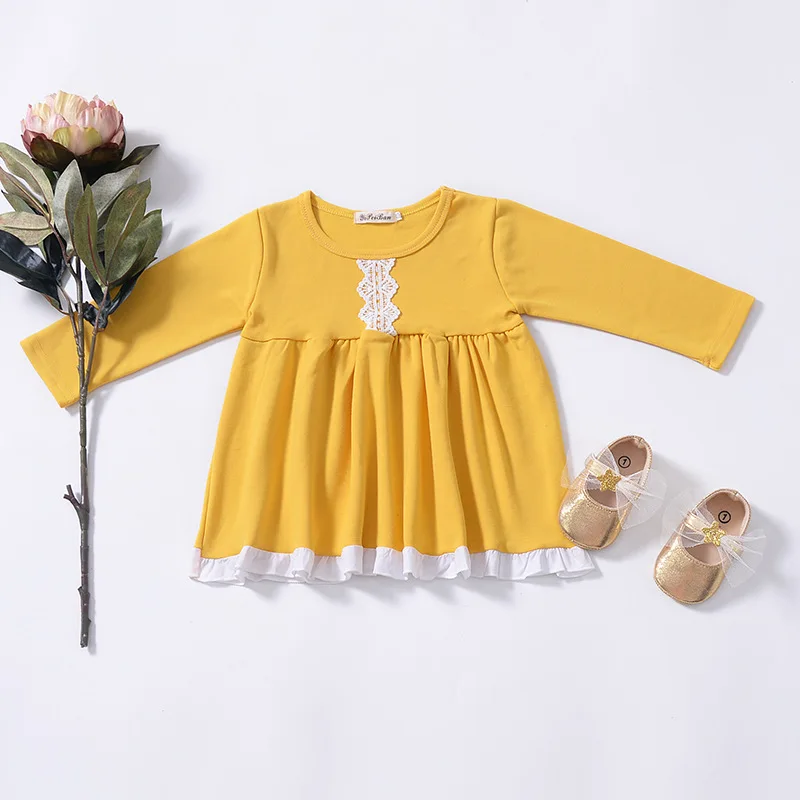 Toddler Dresses For Girls Lace Patchwork Long Sleeved Princess Sundress Baby Yellow Clothing Autumn Birthday Party 1-4Yrs | Детская