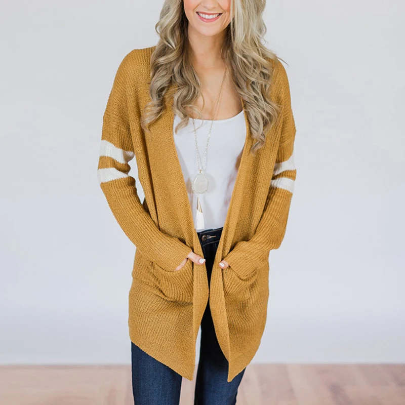 Women Knitted Solid Sweater Open Stitch Medium Long Cardigan Spliced Stripes Outerwear Pockets Coats Long Sleeve Europe OL Lady
Women Knitted Solid Sweater Open Stitch Medium Long Cardigan Spliced Stripes Outerwear Pockets Coats Long Sleeve Europe OL Lady