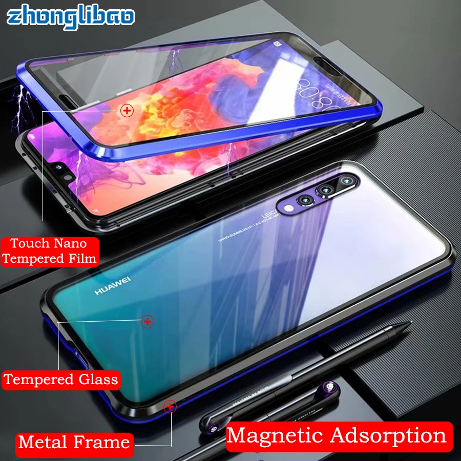 Встроенный магнитный адсорбционный металлический чехол для Huawei P20 Pro роскошный