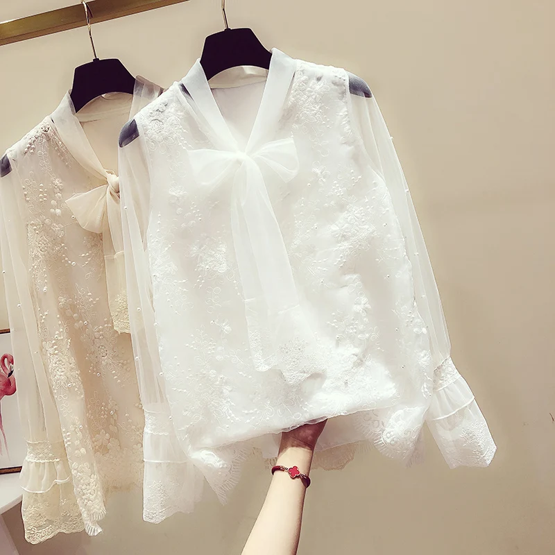 Mesh Lace Shirt Women's 2021 Spring Autumn Mew Trumpet Sleeve Loose Bow Super Fairy Embroidery Blouse And Top Wild Clothes l92
Mesh Lace Shirt Women's 2021 Spring Autumn Mew Trumpet Sleeve Loose Bow Super Fairy Embroidery Blouse And Top Wild Clothes l92