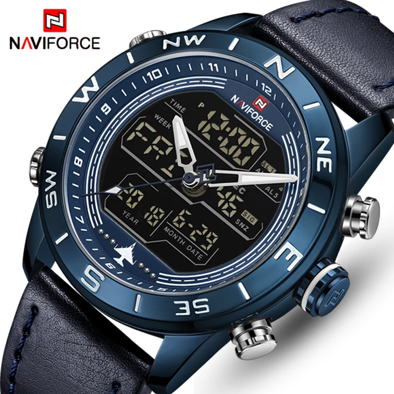 

NAVIFORCE 9144 Fashion Blue Men Sport Watches Mens LED Analog Digital Watch Army Military Leather Quartz Watch Relogio Masculin