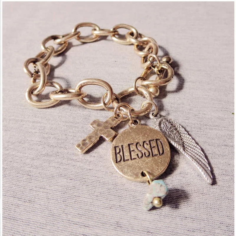 Religion Cross перо Blessed тумблер браслет для женщин винтажные большие звенья цепь с