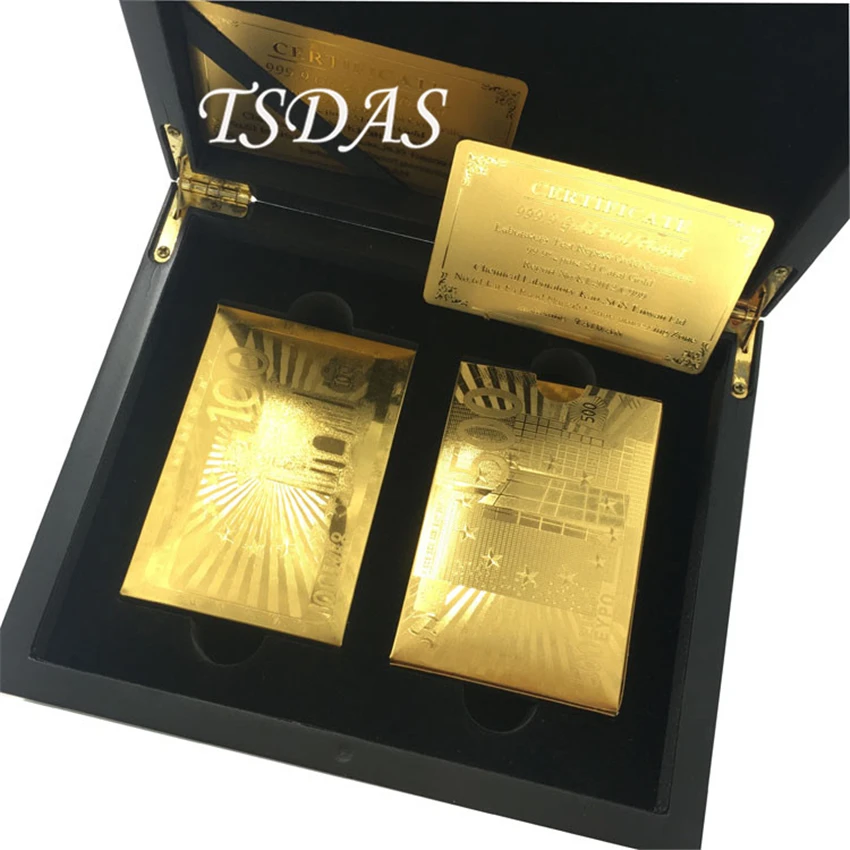 Euro 100 & 500 2 pcs Golden Waterproof 24k Custom Plastic Playing Cards For Gift Collection with Wooden Box
Euro 100 & 500 2 pcs Golden Waterproof 24k Custom Plastic Playing Cards For Gift Collection with Wooden Box