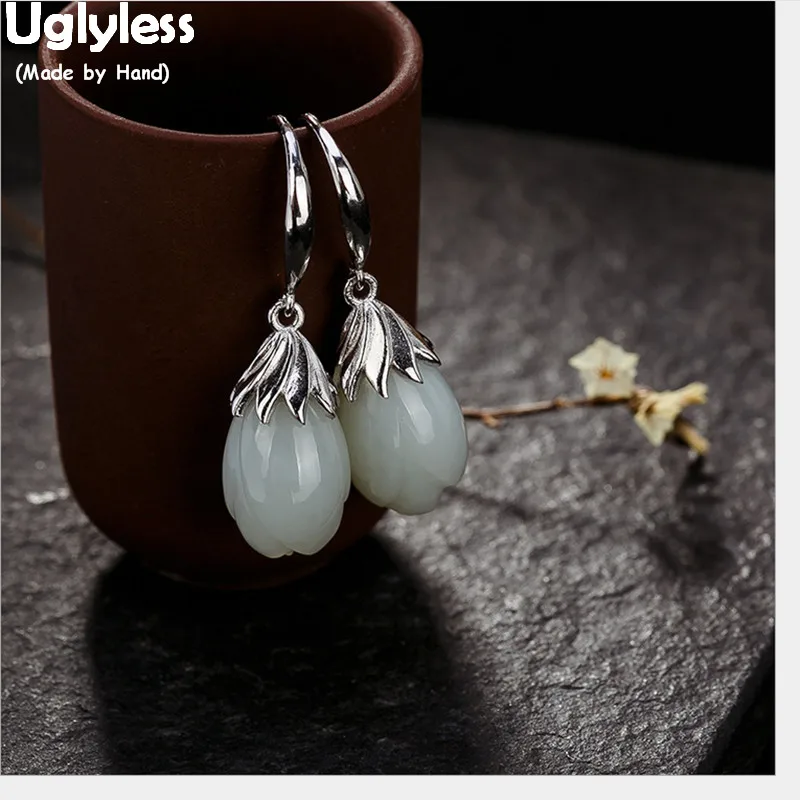 

Uglyless 100% Real 925 Sterling Silver Handmade Magnolia Earrings Natural White Jade Fine Jewelry for Women Thai Silver Brincos