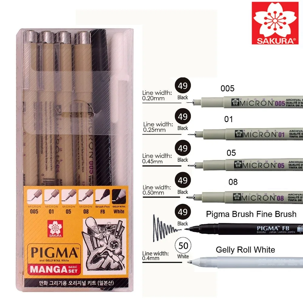 6PCS Sakura Pigma Micron Pen,Archival Pigment Ink Drawing Pens Manga Set (005, 01, 05, 08, FB brush pen, Gelly roll pen white)
6PCS Sakura Pigma Micron Pen,Archival Pigment Ink Drawing Pens Manga Set (005, 01, 05, 08, FB brush pen, Gelly roll pen white)