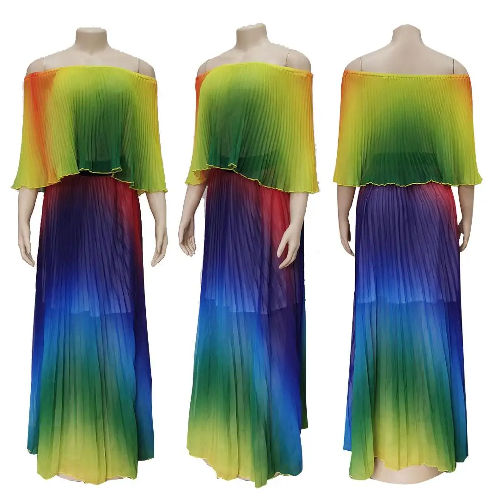 Chiffon Rainbow Print Long Dress Elegant Ruffles Off Shoulder Casual Maxi Pleated Dress Vintage Beach Summer Dress Vestidos Robe
Chiffon Rainbow Print Long Dress Elegant Ruffles Off Shoulder Casual Maxi Pleated Dress Vintage Beach Summer Dress Vestidos Robe