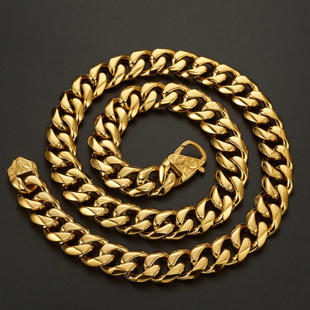 15mm Luxury Mens Gold Necklace Stainless Steel Charm Chain Cuban Link Elegant Punk Male Rapper Choker Jewelry
15mm Luxury Mens Gold Necklace Stainless Steel Charm Chain Cuban Link Elegant Punk Male Rapper Choker Jewelry