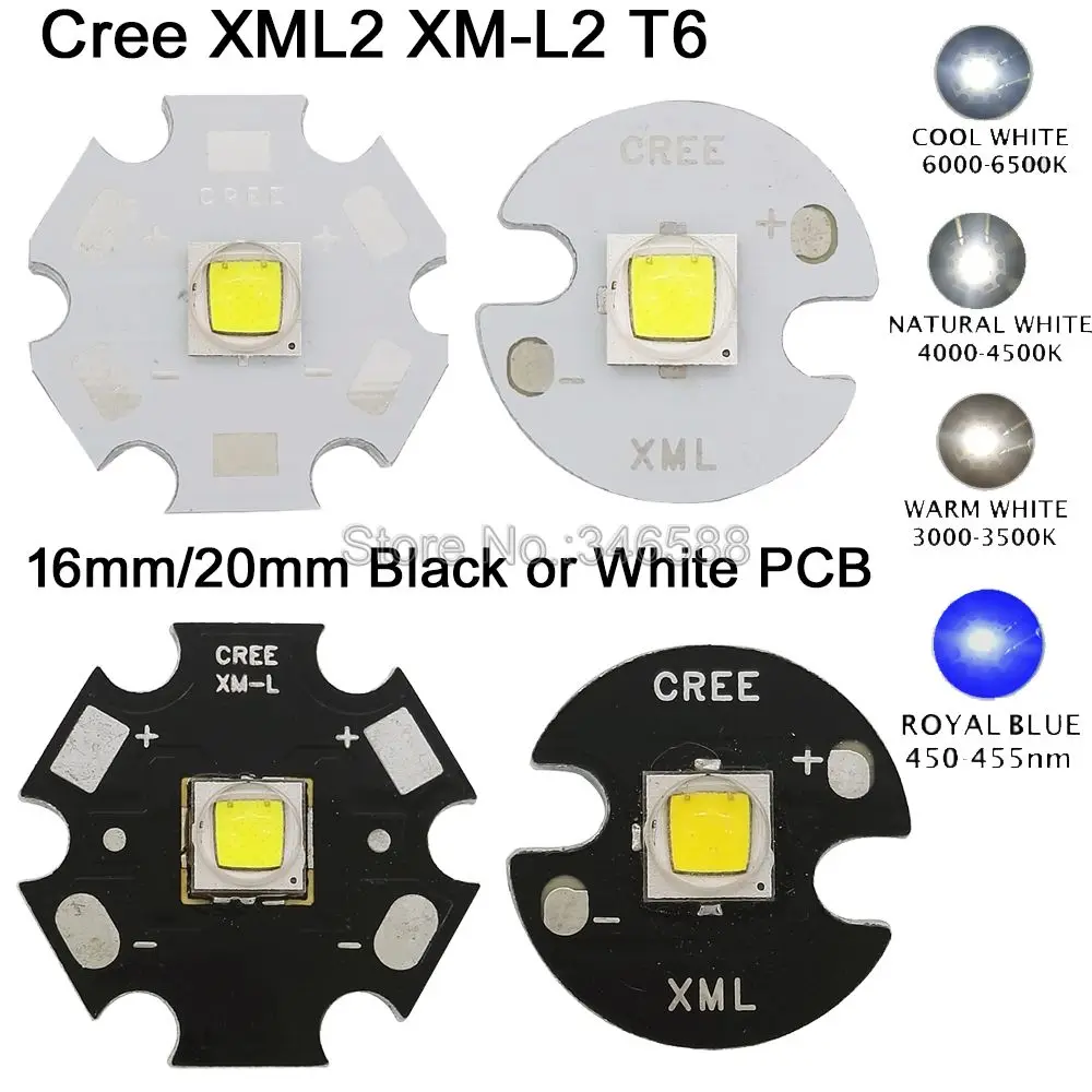 

2x CREE XML2 XM-L2 T6 High Power LED Emitter Cool White 6500K Neutral White 4500K Warm White 3000K 16mm 20mm Black or White PCB