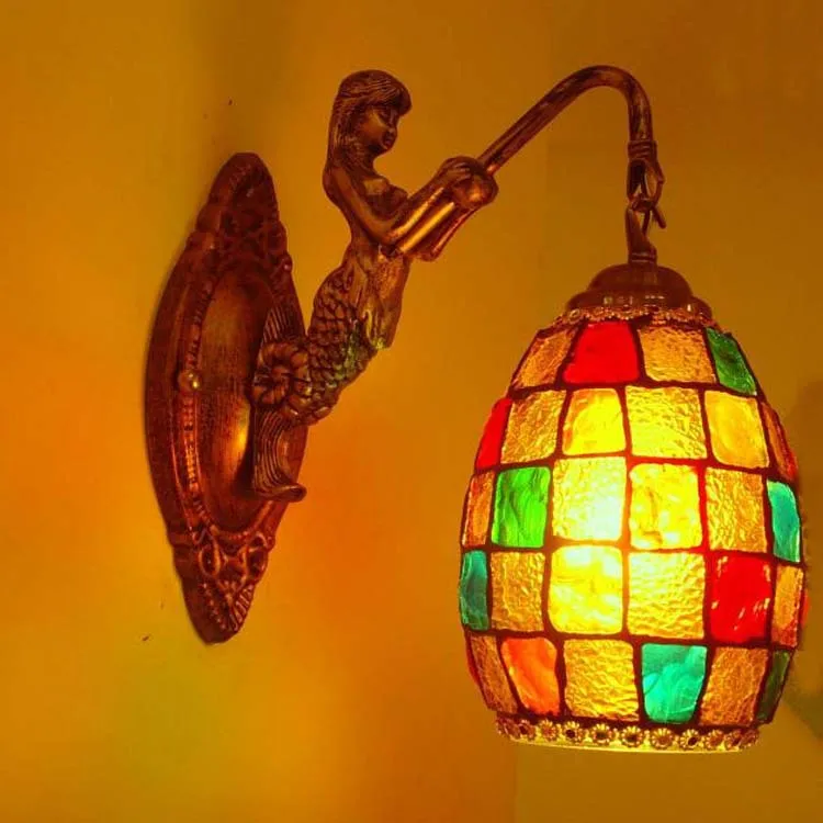 Фото Тиффани барокко винтажная витражная железная Русалка настенная лампа для (купить)