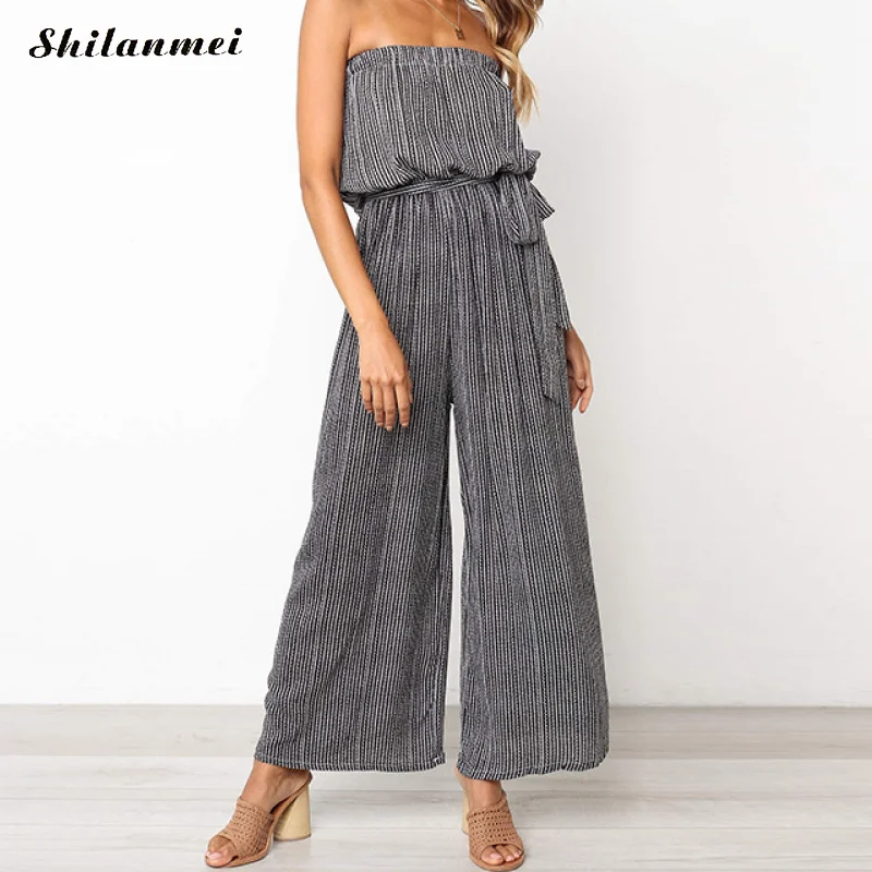 

2019 Summer Off Shoulder Long Jumpsuit Romper Women Sashes Jumpsuit Wide Trousers Loose Playsuit Rompers Striped Print Overalls