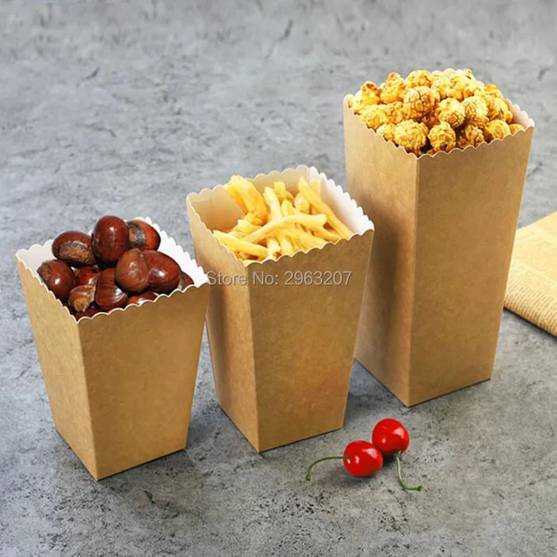 

200pcs Disposable Kraft Paper Popcorn Cup Snack Paper Box Fries Box Solid Fast Food Thick Container Cinema Package Cup