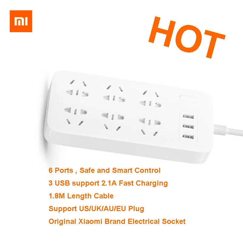 Умная лента питания XiaoMi Mi 6 портов с 3 usb портами для быстрой зарядки 2.1A USB разъем
