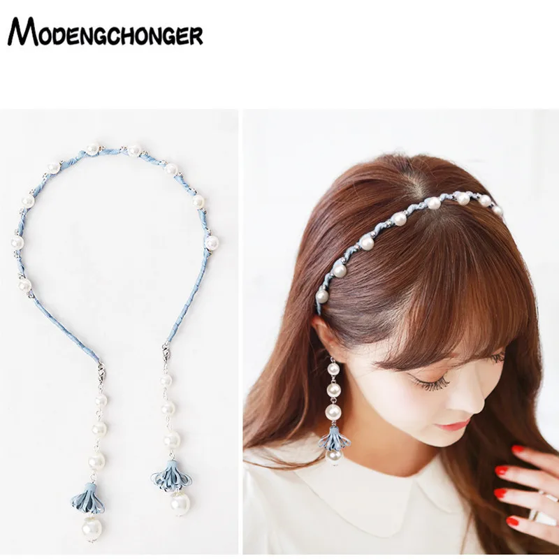 

Sweet Flowers Pearls Hair Bezel Tassel Earring Hair Hoop Hairbands Streamer Pandent Headband For Women Girls Hair Accessories