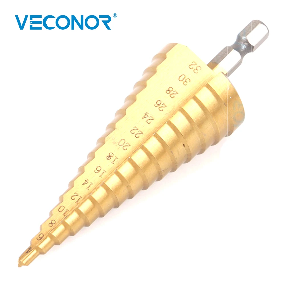 4-32mm High Speed Steel Pagoda-Shaped Step Drill Bit Stair Drill Bit 1/4"(6.35mm) Hex Shank Ti Coated Drilling For Metalworking
4-32mm High Speed Steel Pagoda-Shaped Step Drill Bit Stair Drill Bit 1/4"(6.35mm) Hex Shank Ti Coated Drilling For Metalworking