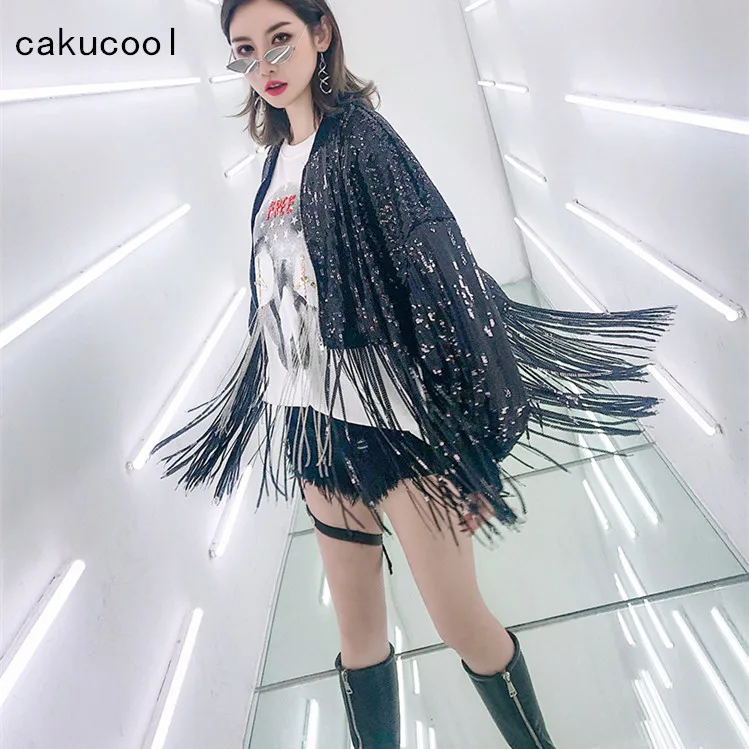 Cakucool/весеннее Женское пальто с пайетками Черная куртка бомбер уличная туника на