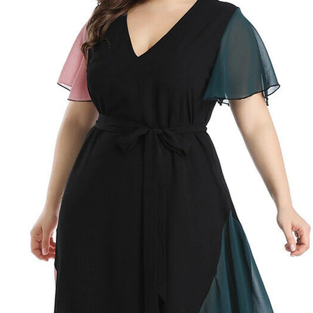 Fashion Women Chiffon Loose Plus Size V-Neck Lace up Short Sleeve Patchwork Contrast Color Dress High Waist Line Design Dress
Fashion Women Chiffon Loose Plus Size V-Neck Lace up Short Sleeve Patchwork Contrast Color Dress High Waist Line Design Dress