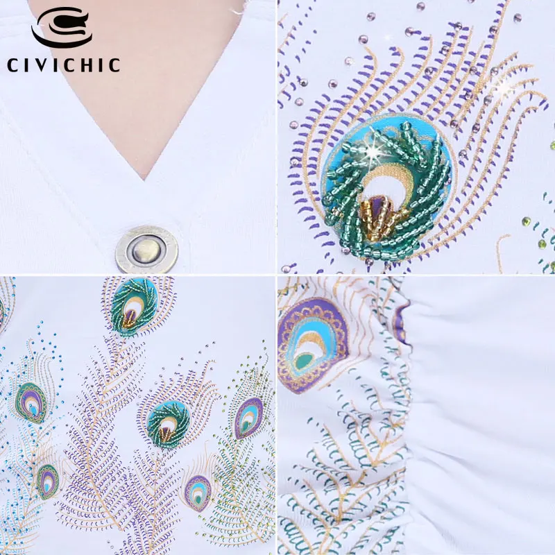 CIVI CHIC Summer Peacock Print Tees Chinese Ethnic Women Diamonds T-shirt V Collar Button Tops Beads Slim Cotton T Shirts WST33
CIVI CHIC Summer Peacock Print Tees Chinese Ethnic Women Diamonds T-shirt V Collar Button Tops Beads Slim Cotton T Shirts WST33