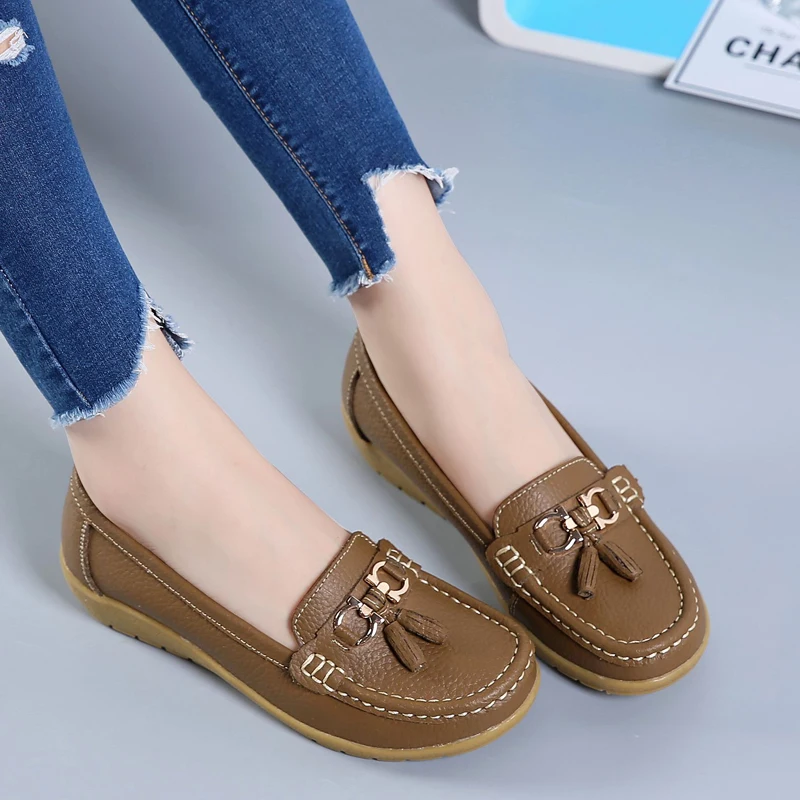 New Plus Size Flat Casual Solid Sport Women Shoes Platform Slip-On Round Toe Shallow Genuine Leather Sneakers Female Shoes