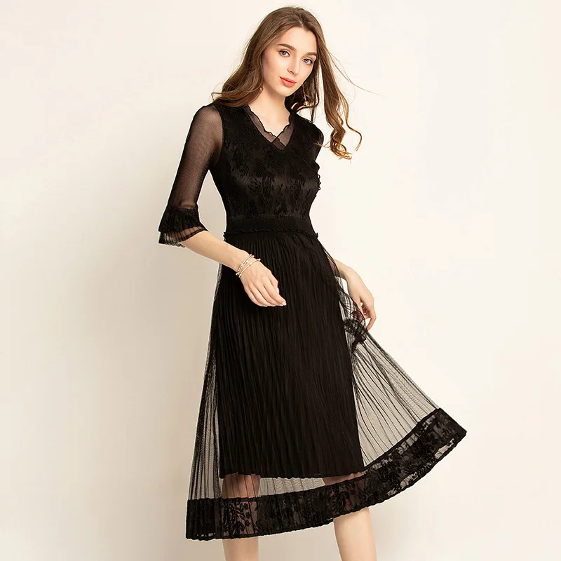 Wrinkle 2019 New Dress Crossed V-collar Mesh Lace Elegant Dresses
Wrinkle 2019 New Dress Crossed V-collar Mesh Lace Elegant Dresses