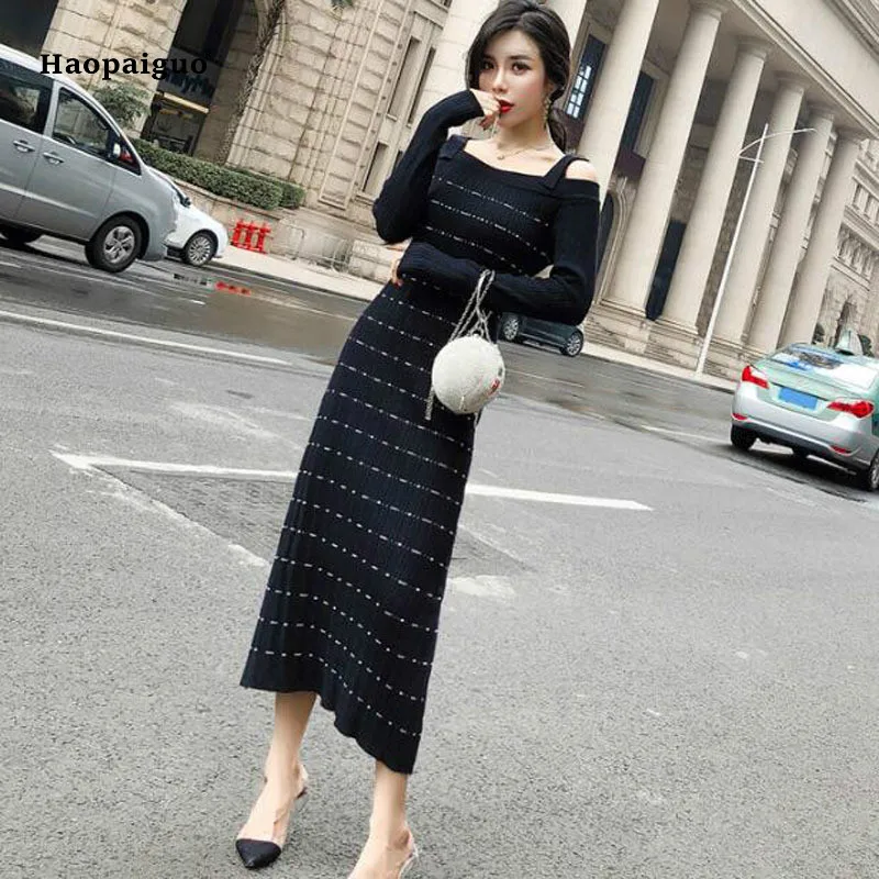 Autumn Straight Dress Women Black Striped Long Sleeve Spaghetti Strap Slash Neck Korean Wrap Club Dress Office Kawaii Dresses
Autumn Straight Dress Women Black Striped Long Sleeve Spaghetti Strap Slash Neck Korean Wrap Club Dress Office Kawaii Dresses