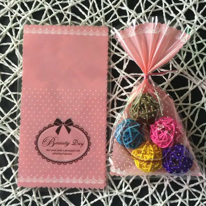

100pcs 18x9cm White dots Open Top pink cookie packing bags plastic cellophane self adhesive seal candy gift bags