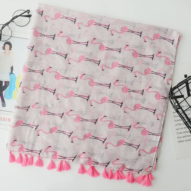 

2018 Newest Women Silver Foil Flamingo Pattern Tassel Scarf Shawls Wrap Animal Hijabs Muffler Wholesale 10pcs/lot Free Shipping