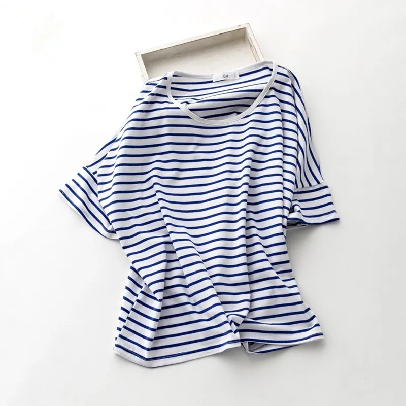 High elasticity summer Striped t-shirt women cotton loose short sleeve navy style O-neck t-shirts blue and gray t shirt A635 
High elasticity summer Striped t-shirt women cotton loose short sleeve navy style O-neck t-shirts blue and gray t shirt A635