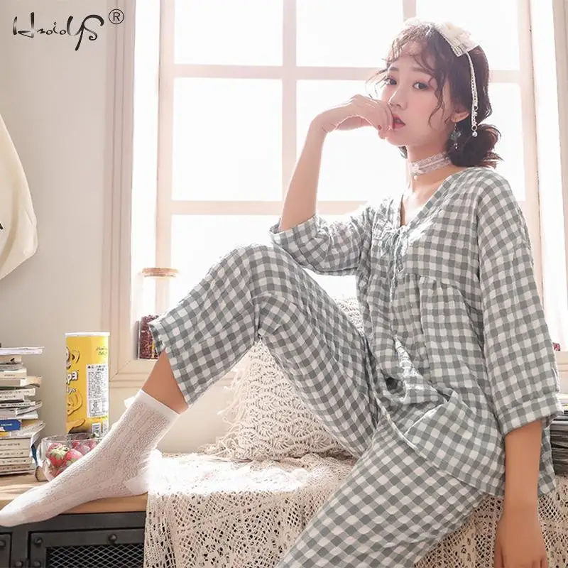 New Arrival Female Pajamas Set Sleepwear Women Cotton Blend Plaid Print Gray Pyjamas Autumn Casual Loose Nightwear Home Wear
New Arrival Female Pajamas Set Sleepwear Women Cotton Blend Plaid Print Gray Pyjamas Autumn Casual Loose Nightwear Home Wear