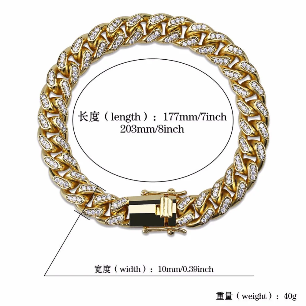 10 мм Майами Снаряженная кубинская цепь браслет для мужчин хип-хоп Bling Iced Out