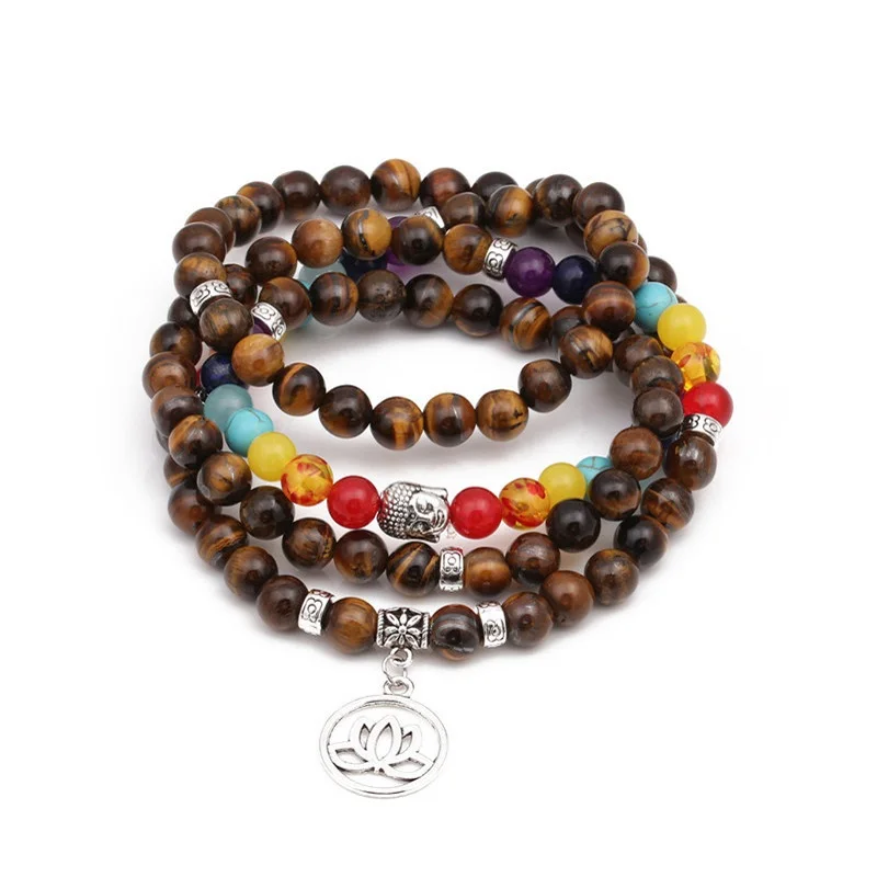 

8mm Natural Tiger Eye Stone 108 Mala Beads Necklace or Bracelet Seven Color Chakra Yoga Lotus Pendant Long Necklace Dropshipping